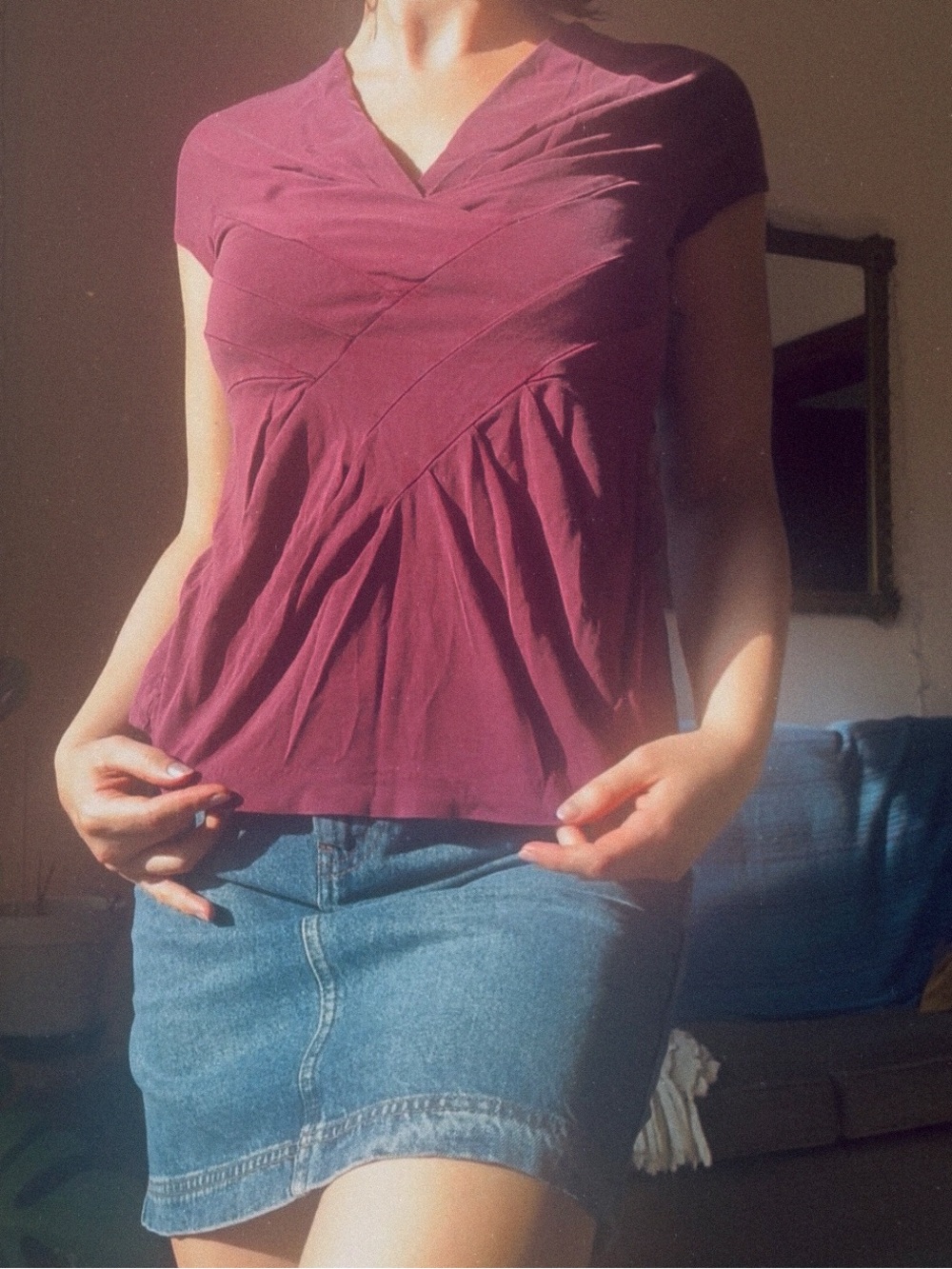 Silk Textured V-Neck Short Sleeve Top